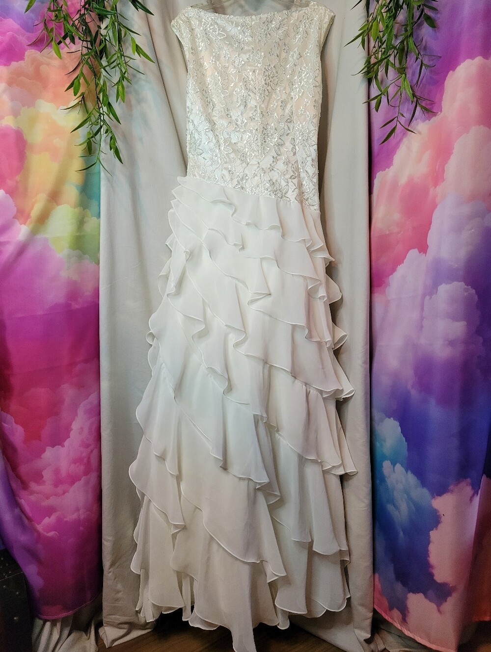 Elegant White Ruffled Lace, Beaded & Embroidered Wedding Dress - Picture 7 of 17